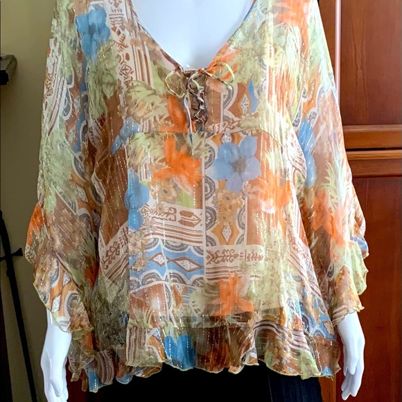 Boho style sheer tunic top ruffled loose sleeves brown orange blue flower US L - Picture 2 of 9